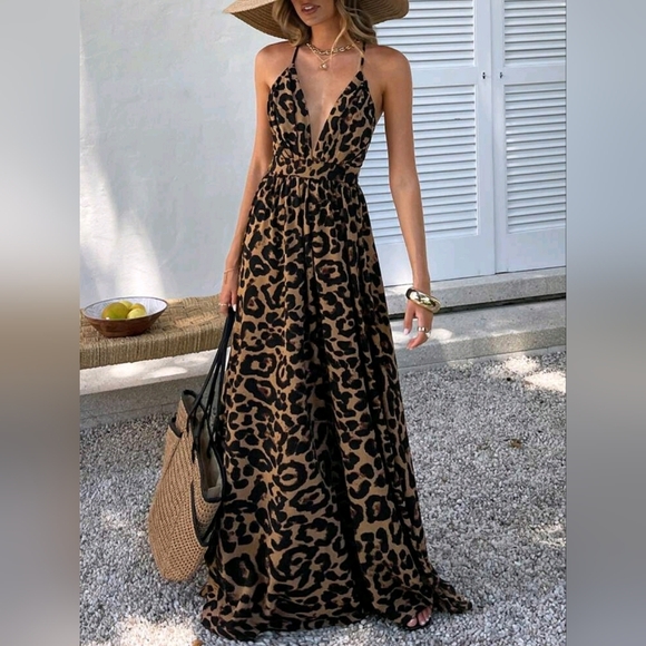 New Flowy Boho Leopard Print Maxi Dress Plunge V Neck Halter Long Black  Brown